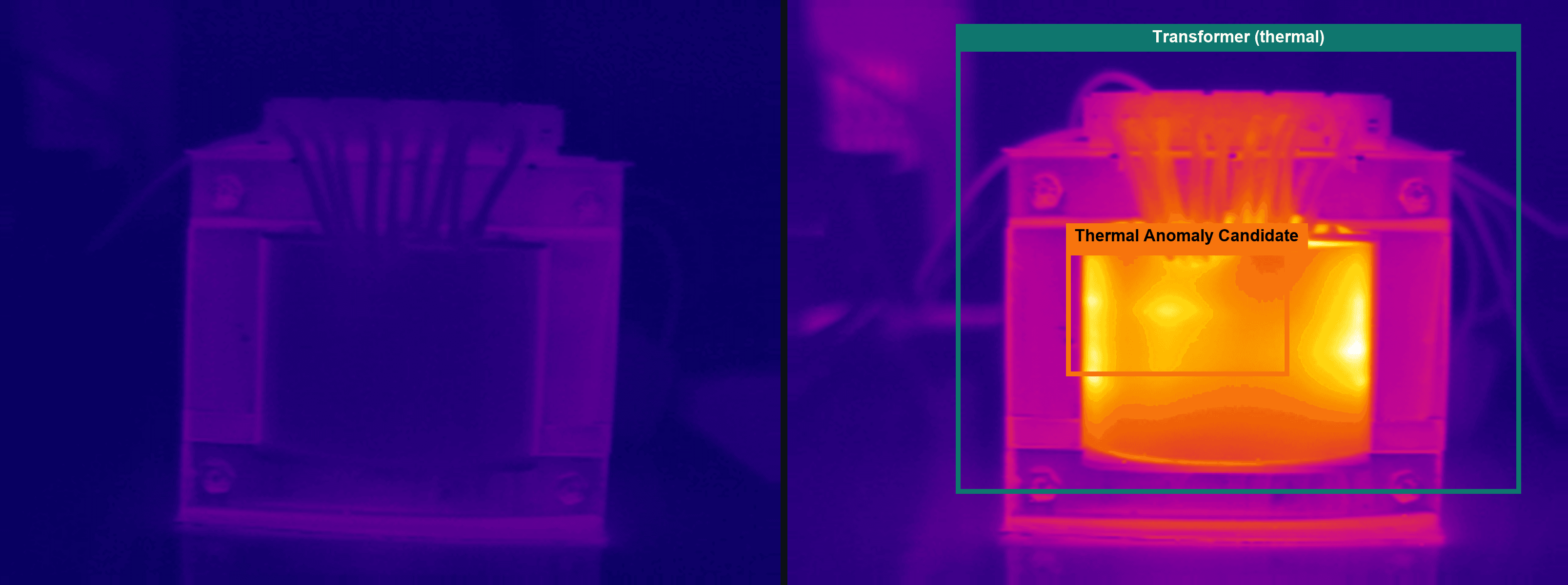 Side-by-side thermal comparison: a normal reference frame on the left, and a frame flagged for review with equipment located on the right.